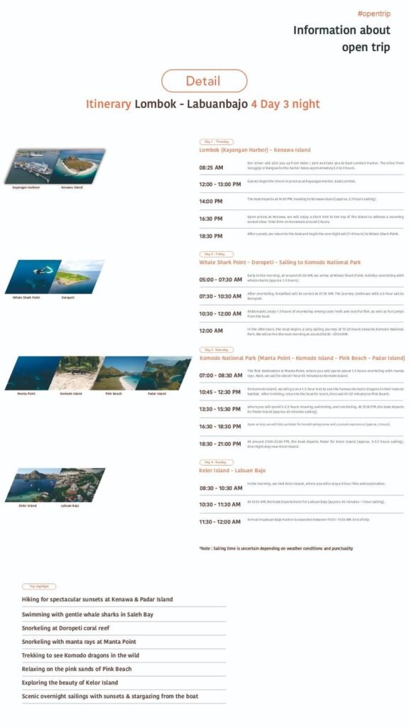 Lombok to Labuan Bajo Itinerary details Of Alfatran Cruise
